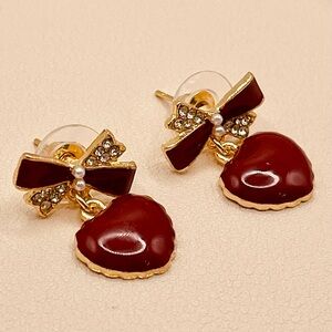 Elegant Gold and Red Heart Dangle Drop Earrings